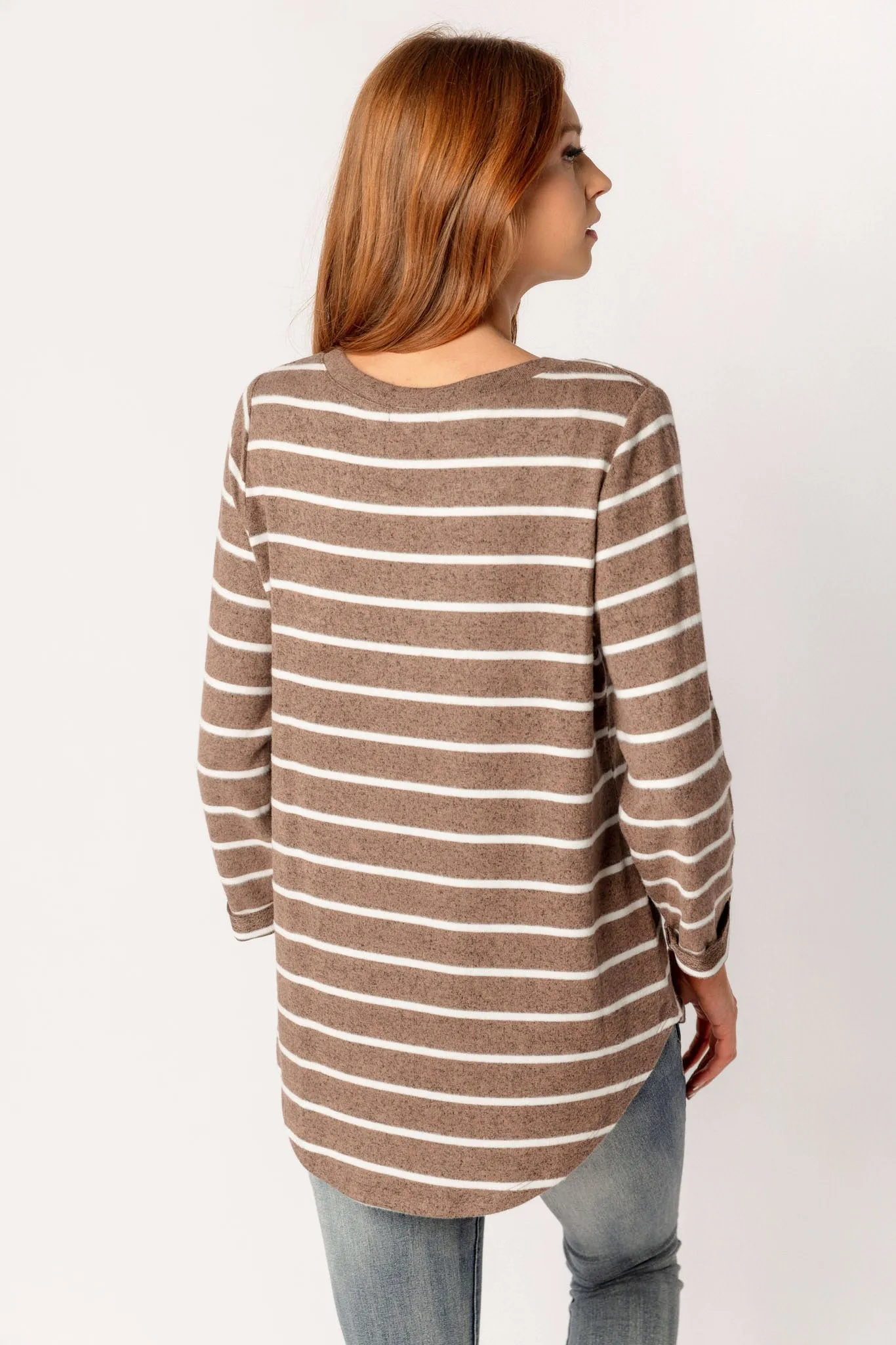 3/4 Sleeve Stripe Print Supersoft Scoopneck Sweater