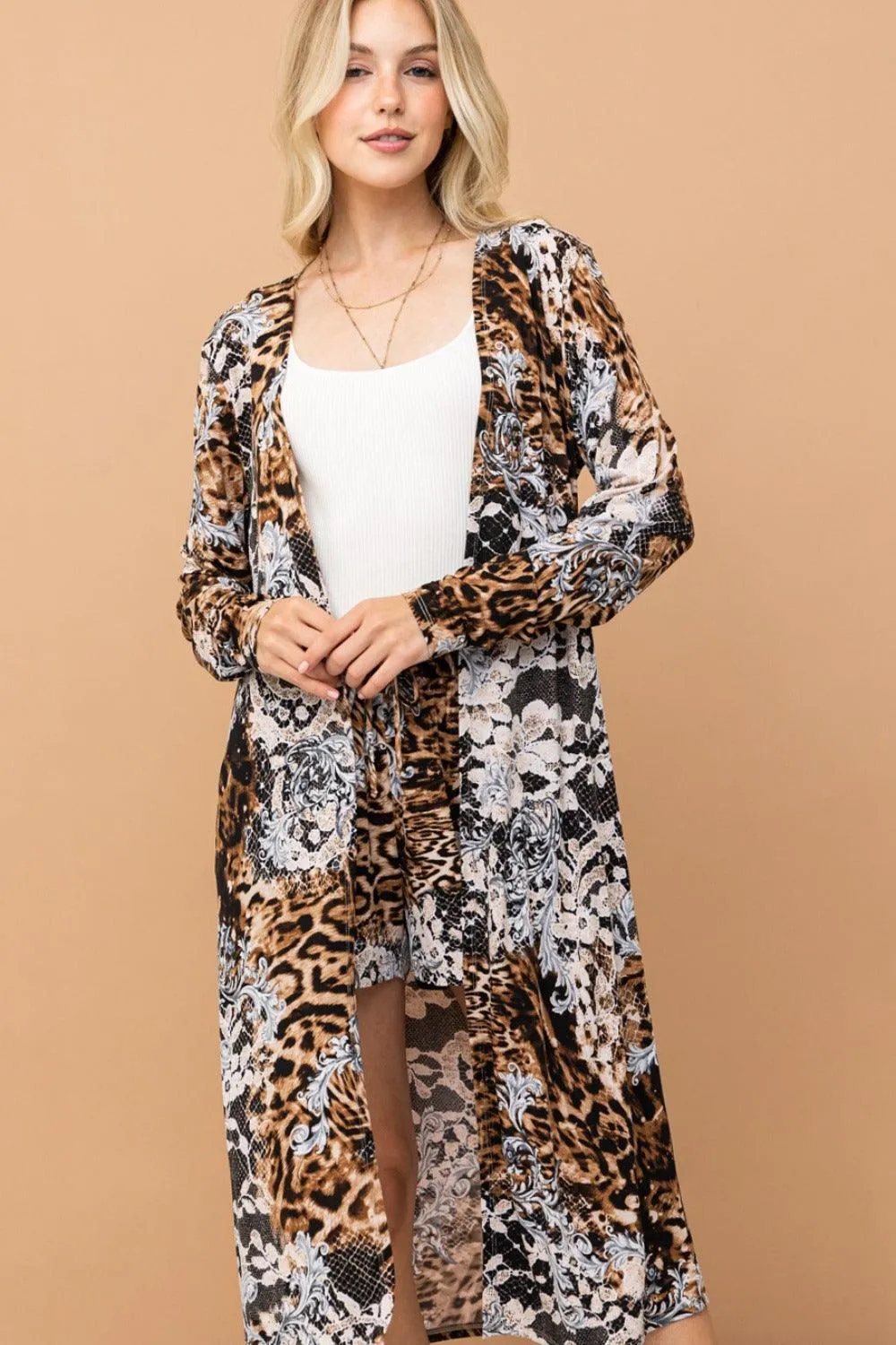 And The Why Leopard Kimono Open Front Longline Cardigan