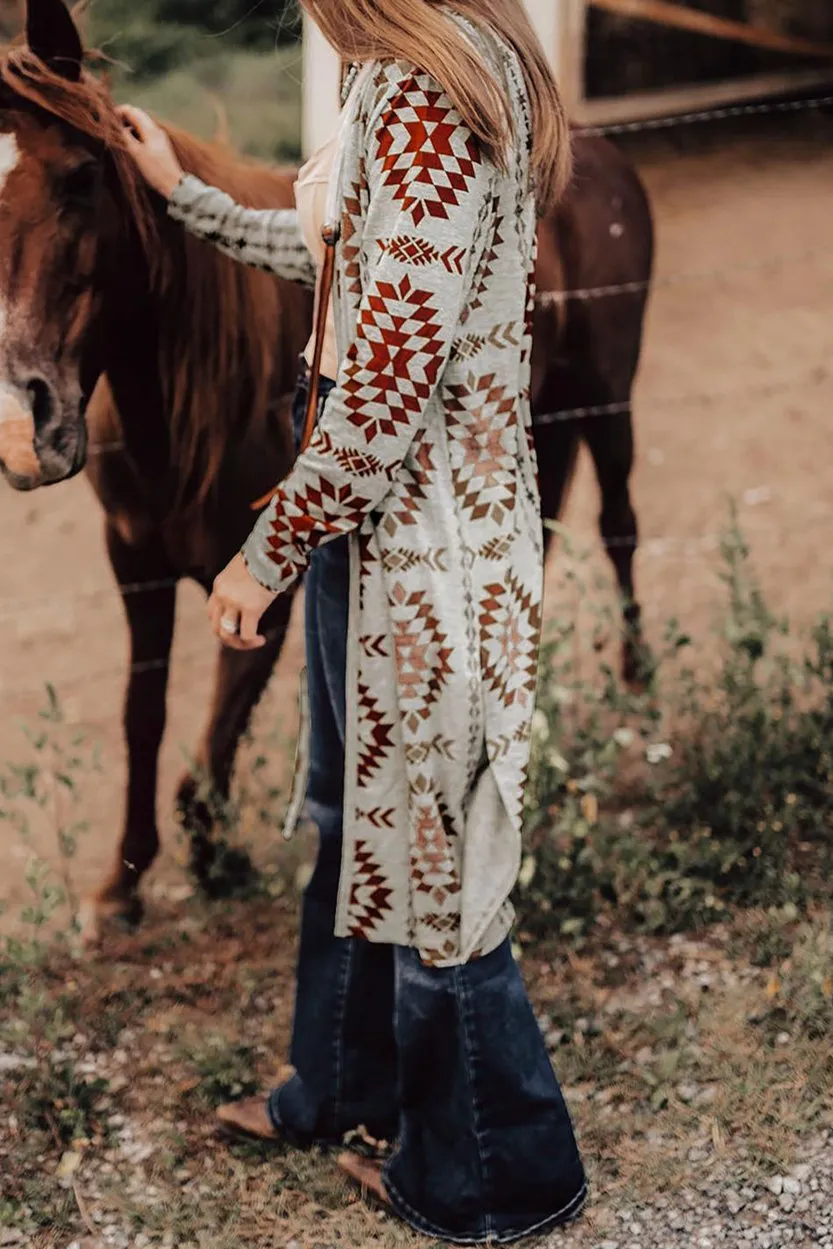 Aztec Open Front Long Cardigan