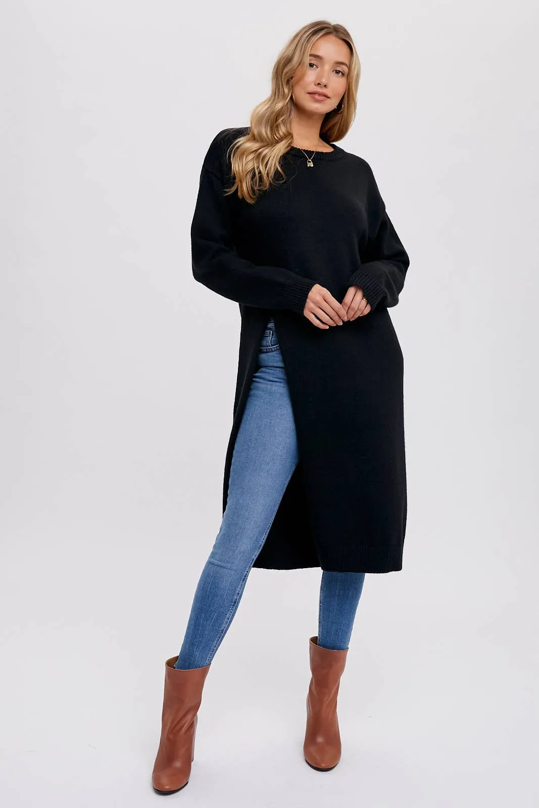 Black High Slip Longline Pullover Sweater