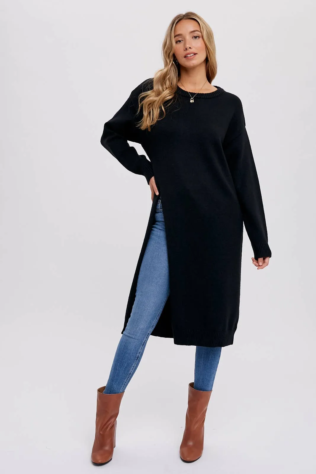 Black High Slip Longline Pullover Sweater