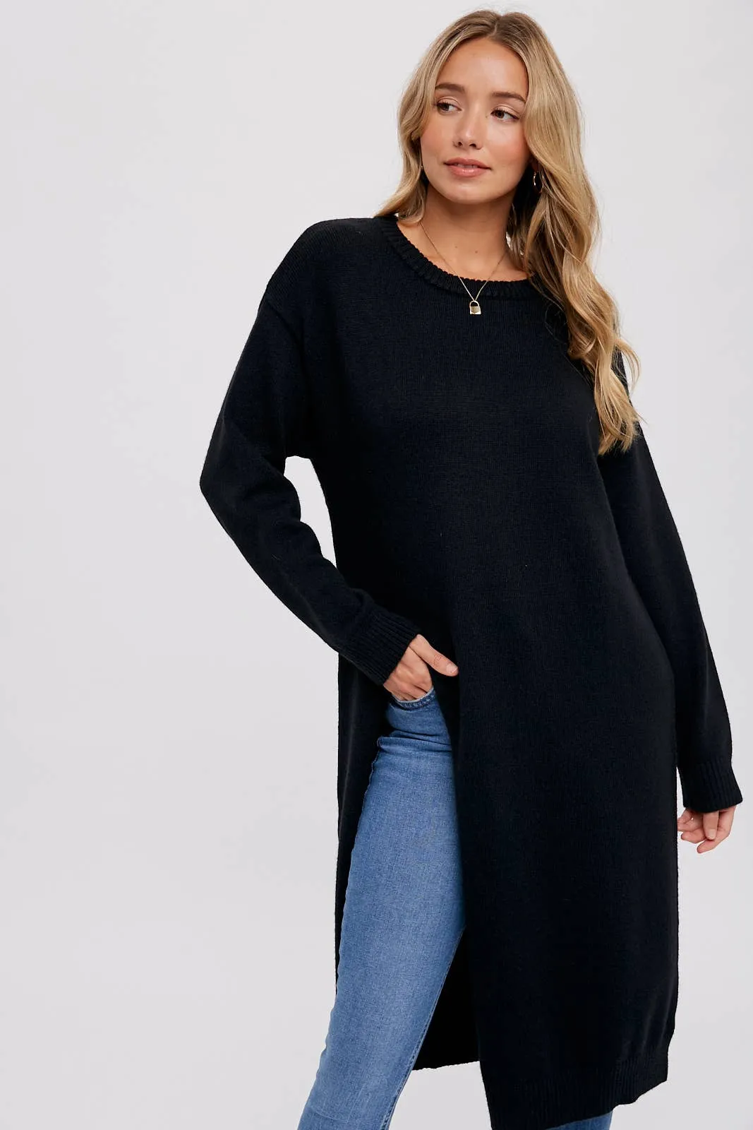 Black High Slip Longline Pullover Sweater