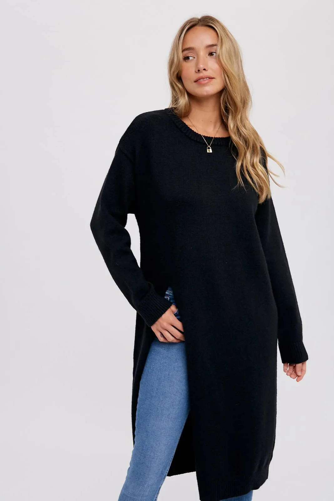 Black High Slip Longline Pullover Sweater