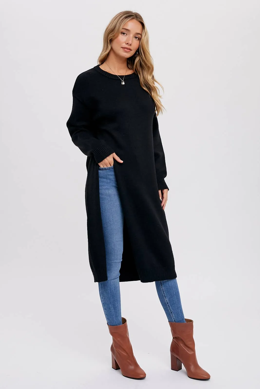 Black High Slip Longline Pullover Sweater