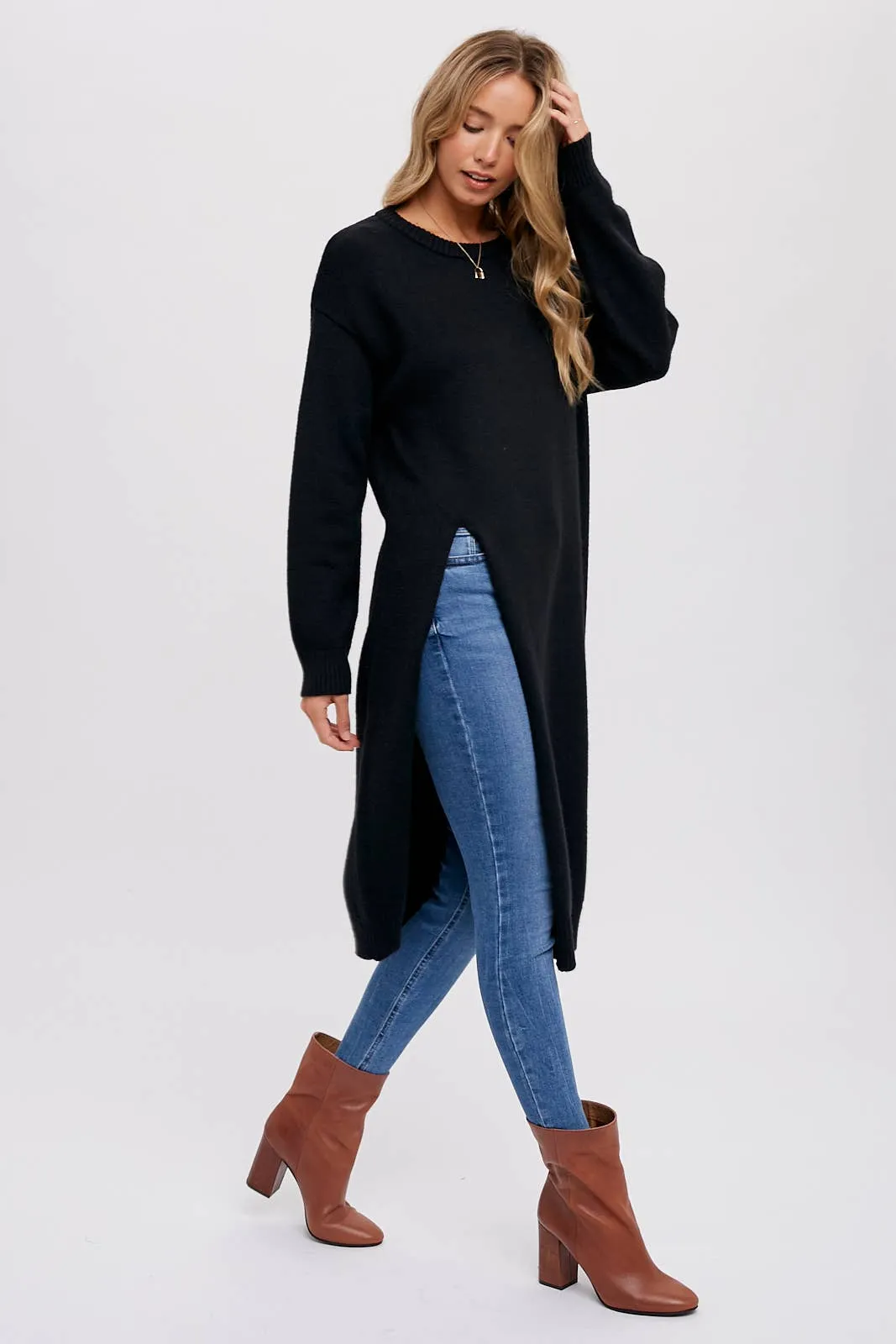 Black High Slip Longline Pullover Sweater