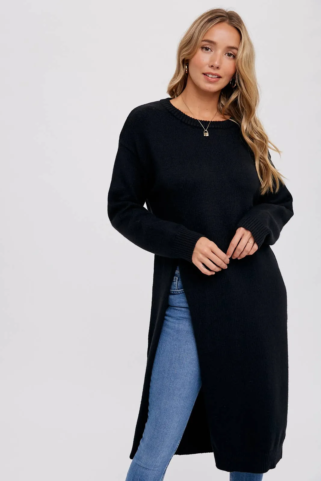 Black High Slip Longline Pullover Sweater