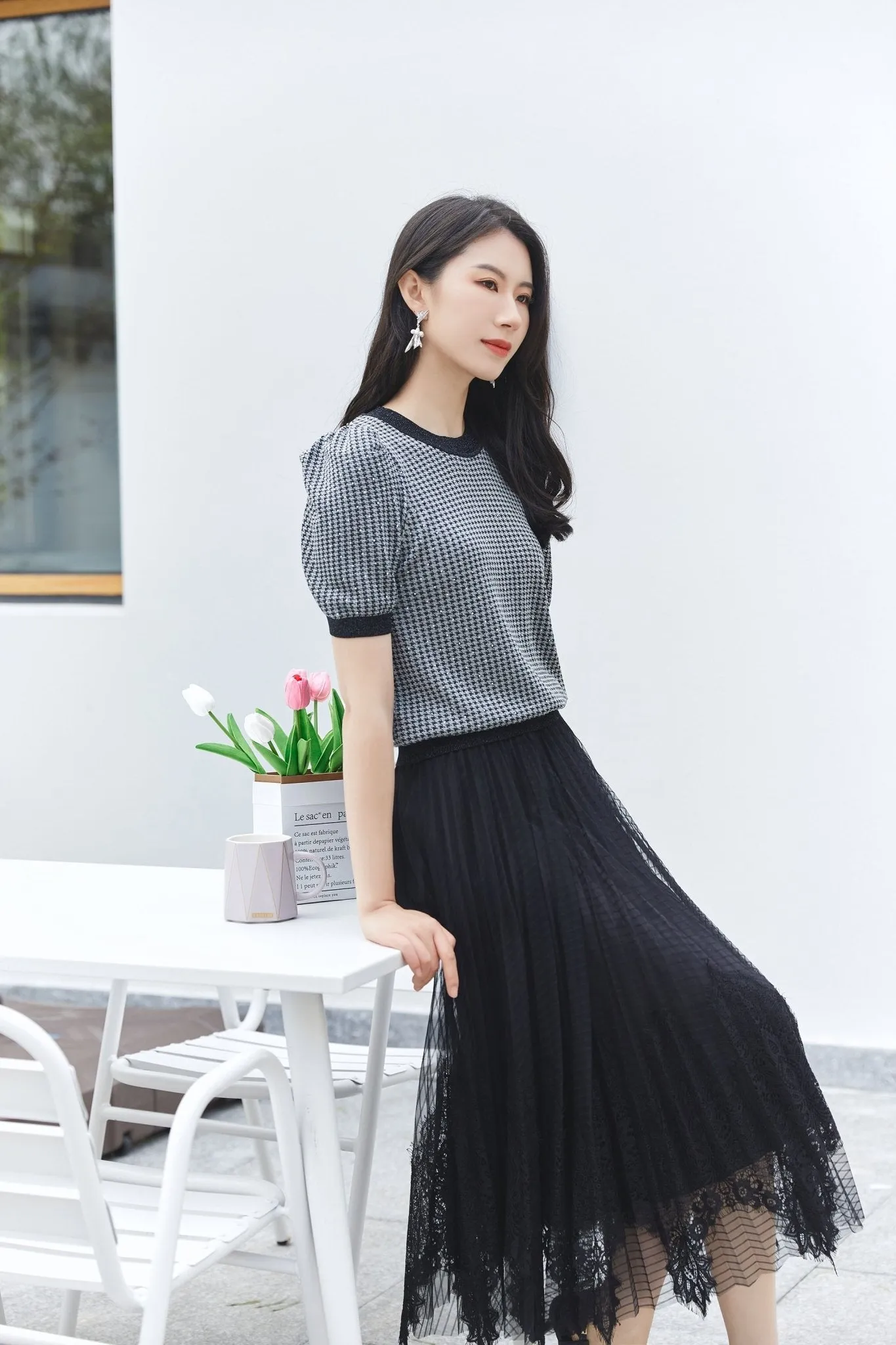 Black Knitted Puff Short Sleeve Sweater