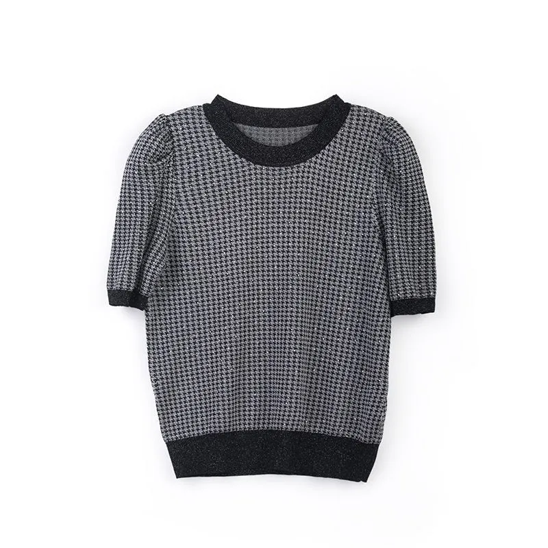 Black Knitted Puff Short Sleeve Sweater