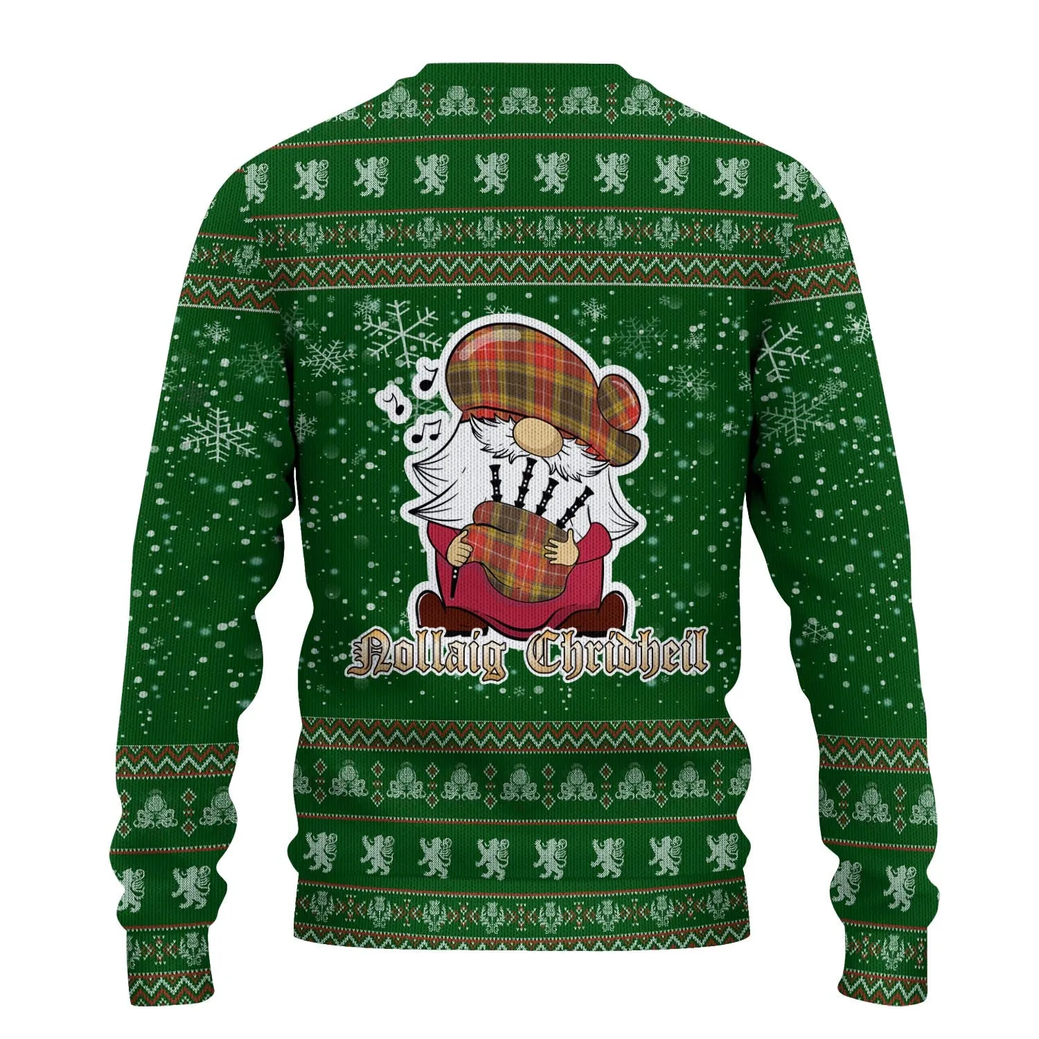 Buchanan Old Set Weathered Clan Christmas Family Ugly Sweater with Funny Gnome Playing Bagpipes