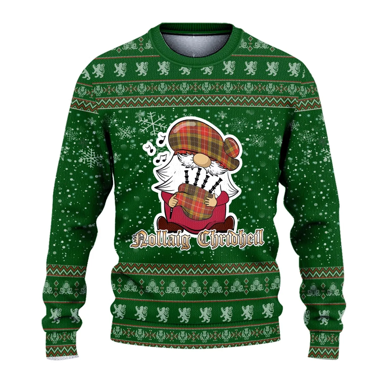 Buchanan Old Set Weathered Clan Christmas Family Ugly Sweater with Funny Gnome Playing Bagpipes