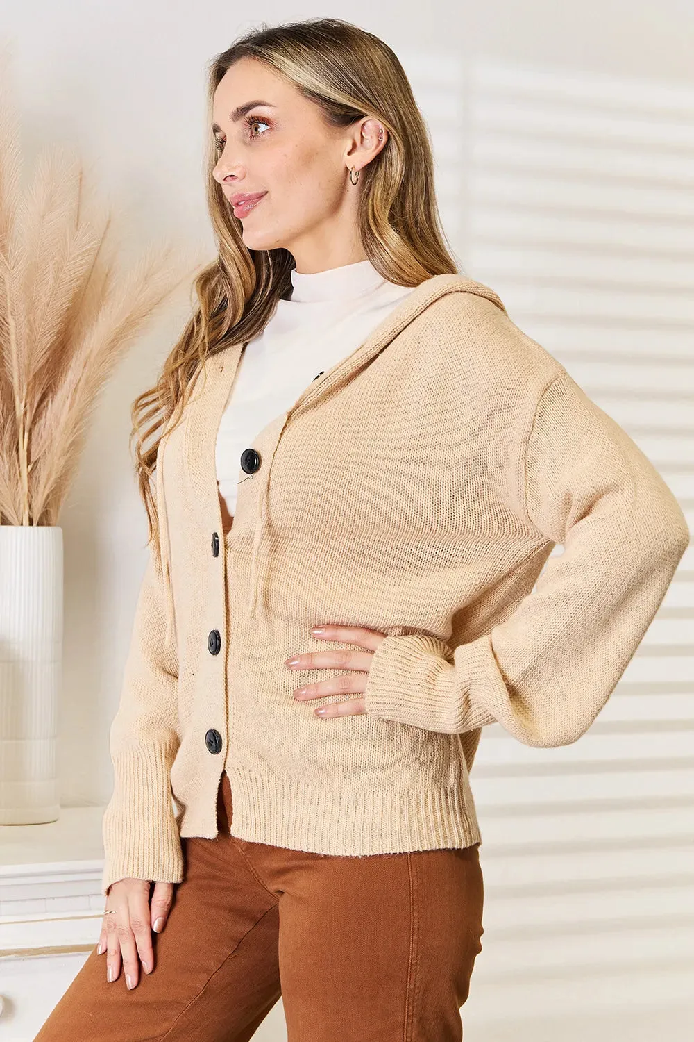 Button-Down Long Sleeve Hooded Sweater