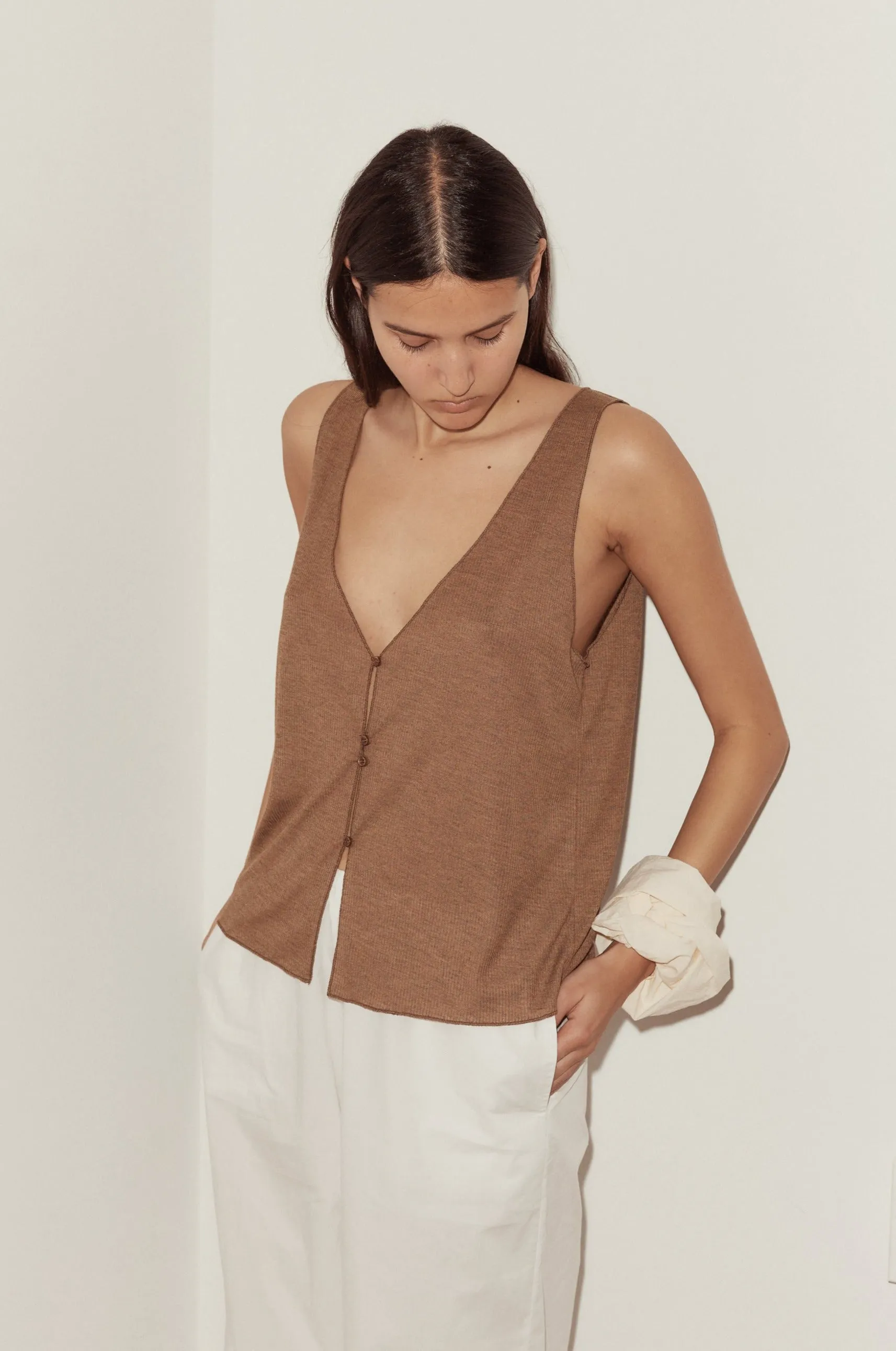 Button Up Knit Tank - Coffee