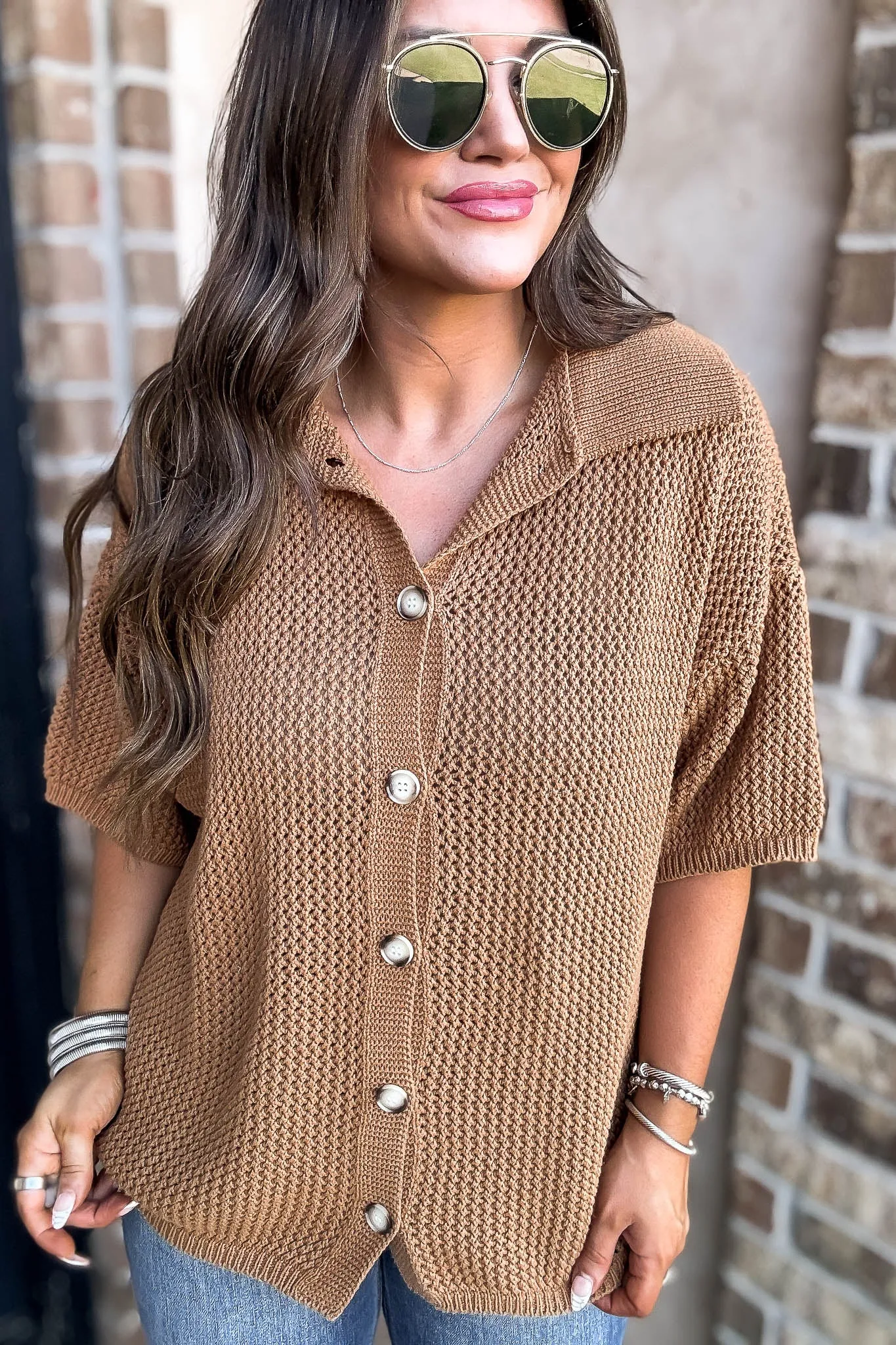 Camel Button Up Sweater Top