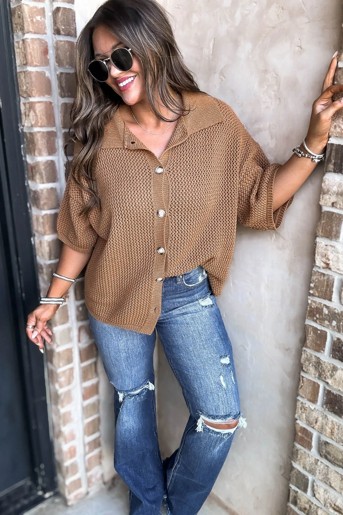 Camel Button Up Sweater Top