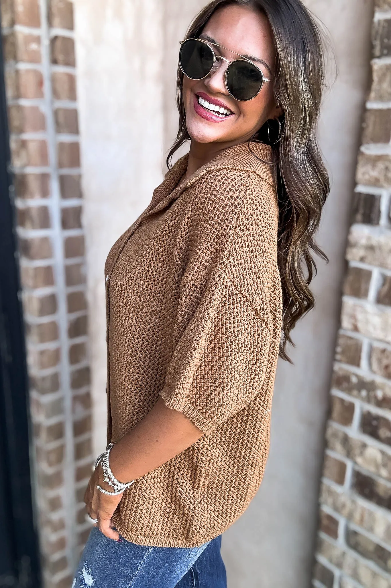 Camel Button Up Sweater Top