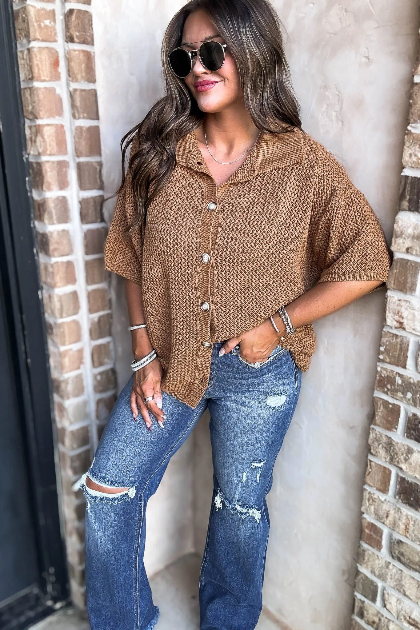 Camel Button Up Sweater Top