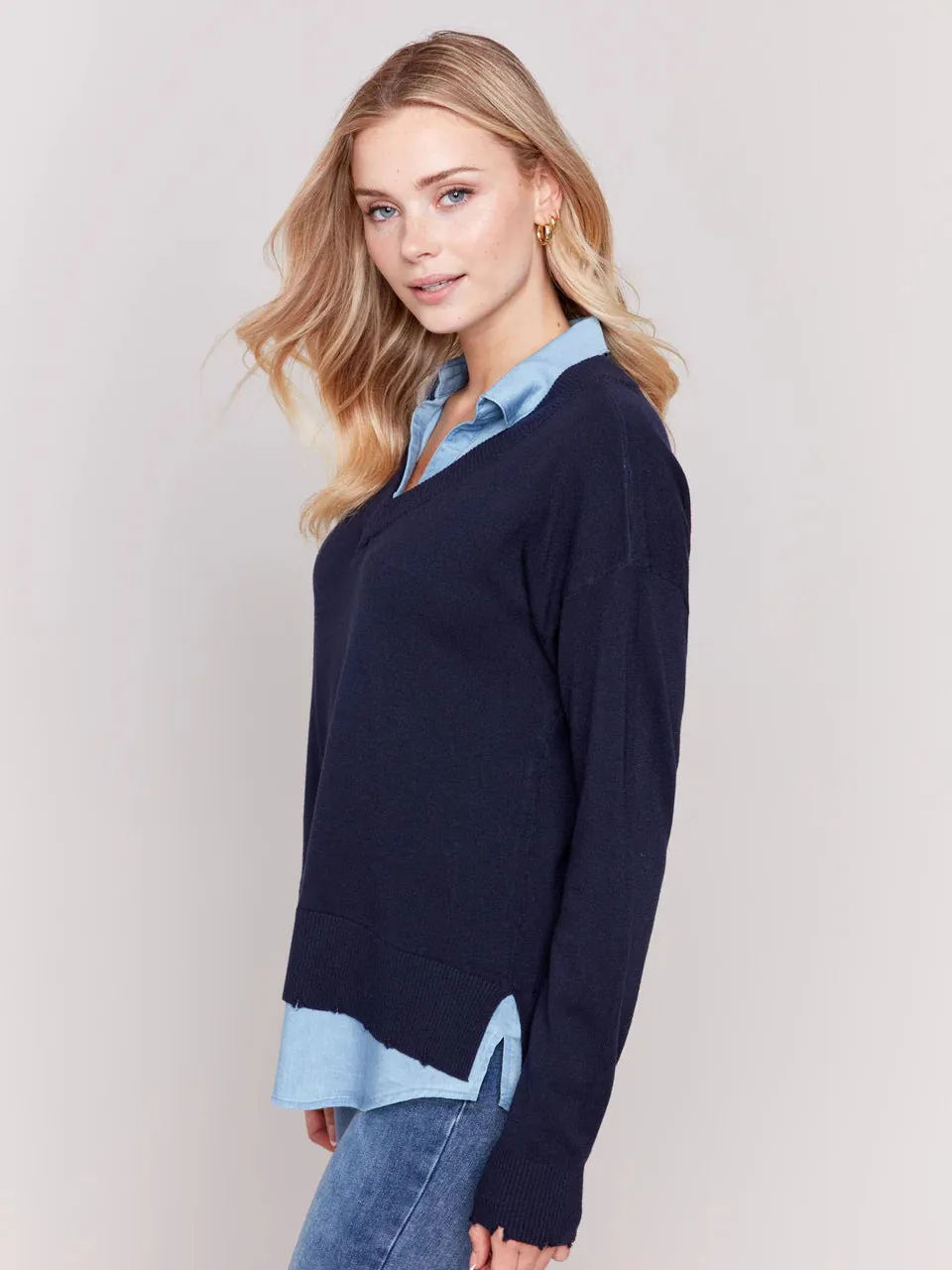 Charlie B V-neck Sweater With A Shirt Collar - C2568T-464A