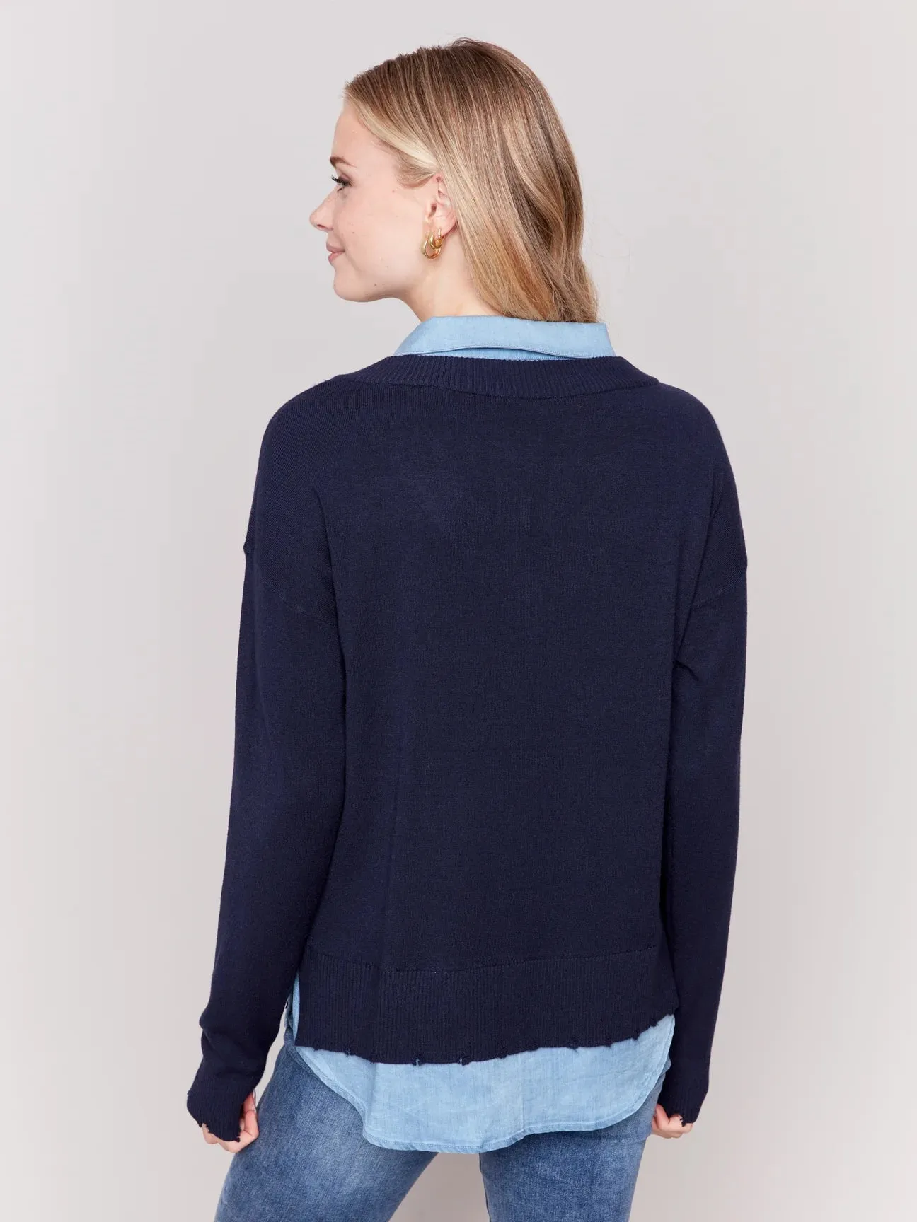 Charlie B V-neck Sweater With A Shirt Collar - C2568T-464A