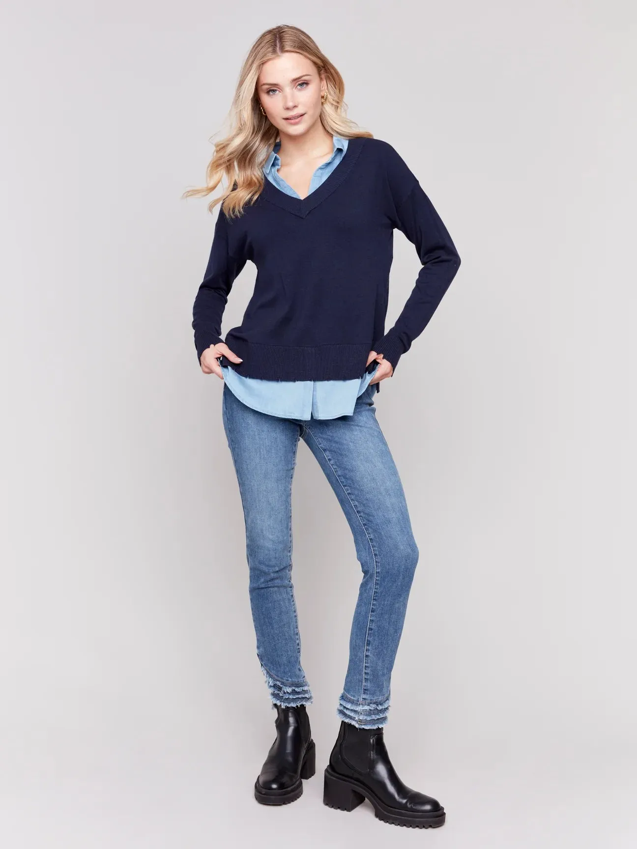 Charlie B V-neck Sweater With A Shirt Collar - C2568T-464A