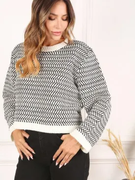 Chilling in Art Herringbone Crew Neck Sweater