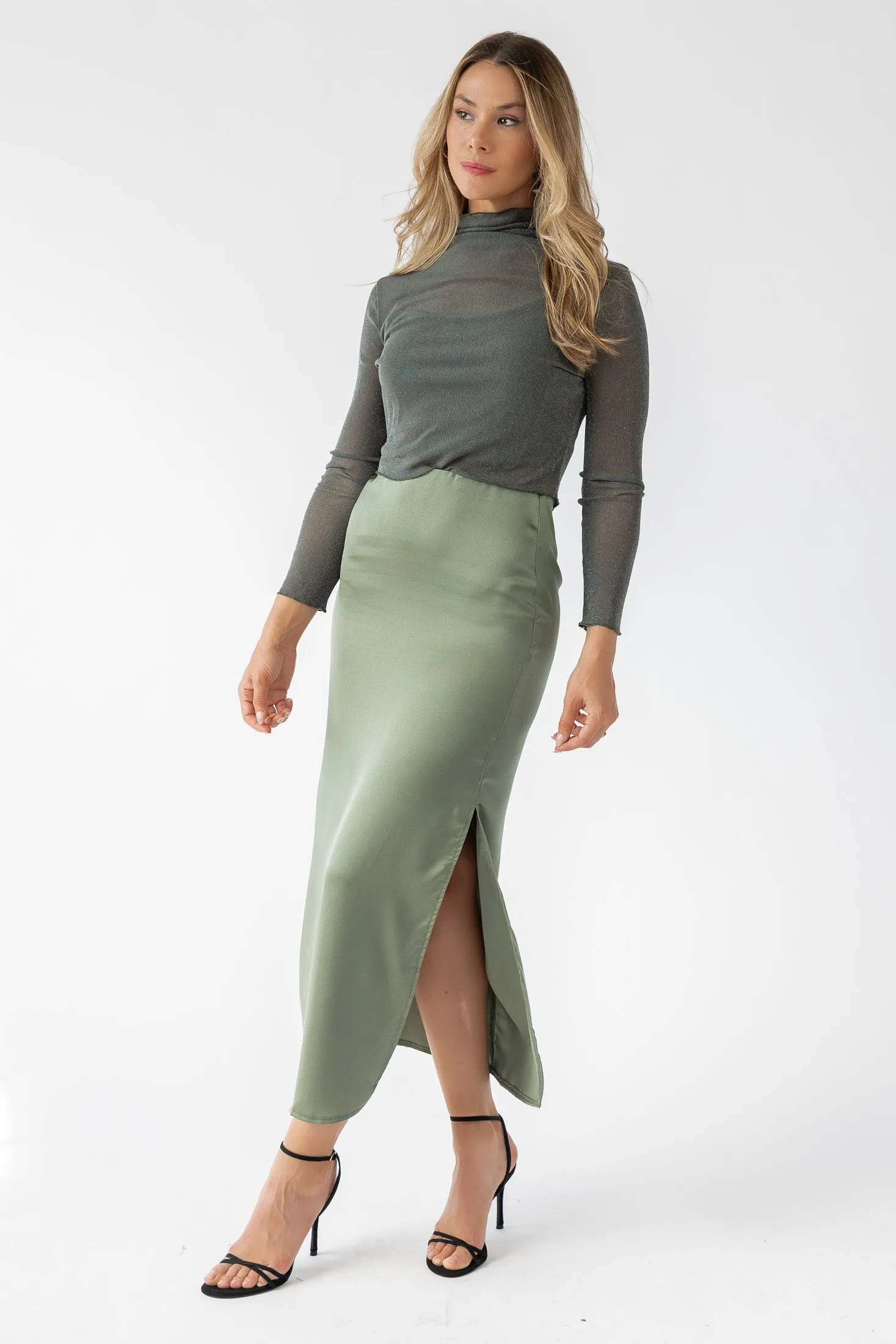 Dayton Olive Satin Maxi Skirt - Final Sale