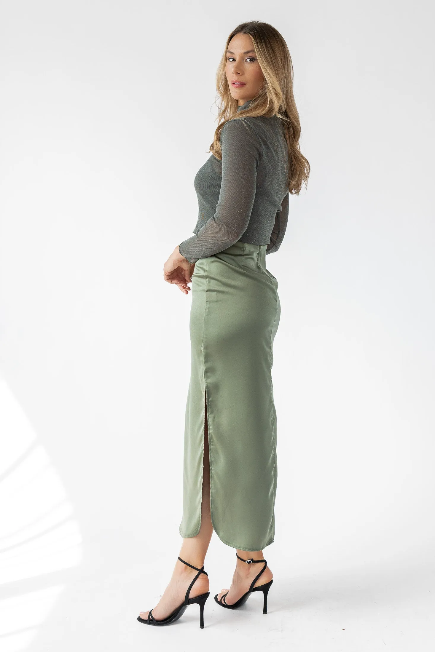 Dayton Olive Satin Maxi Skirt - Final Sale