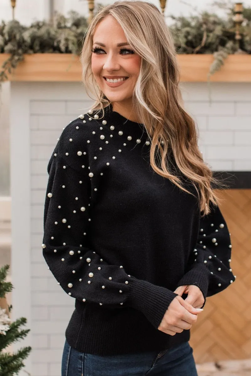 Dazzling Beaded Pearl Black Sweater