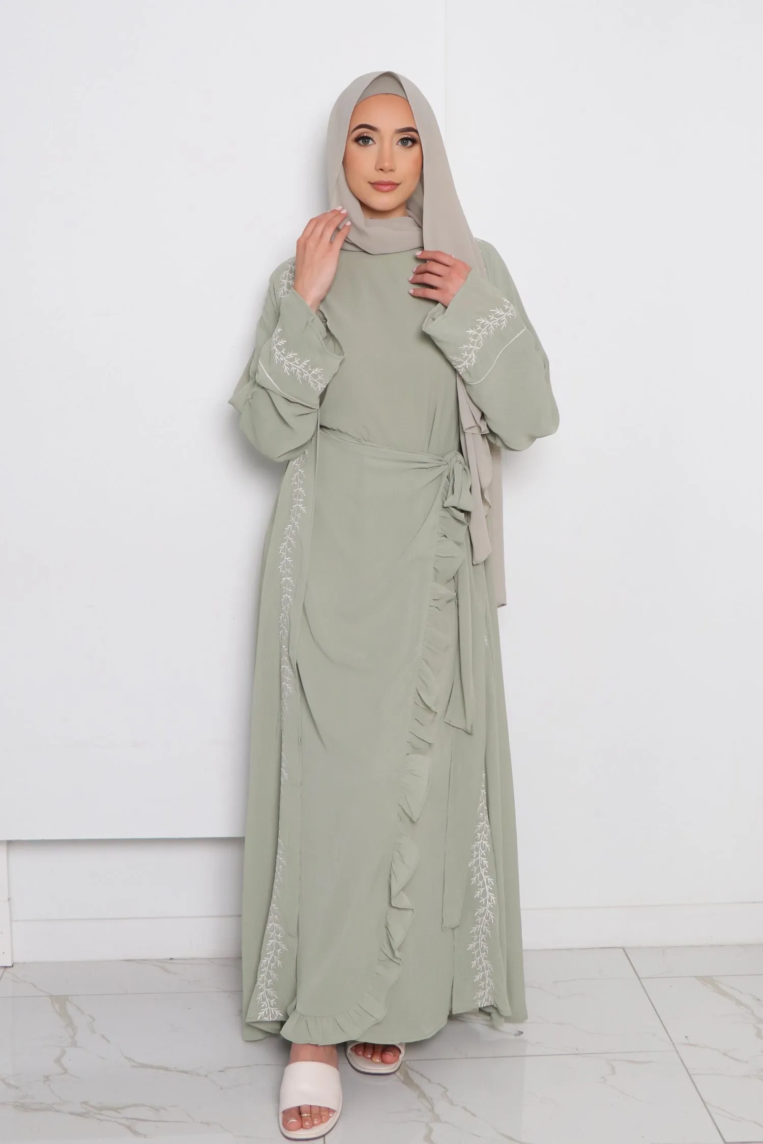 Dina Embroidery Abaya Set- Sage