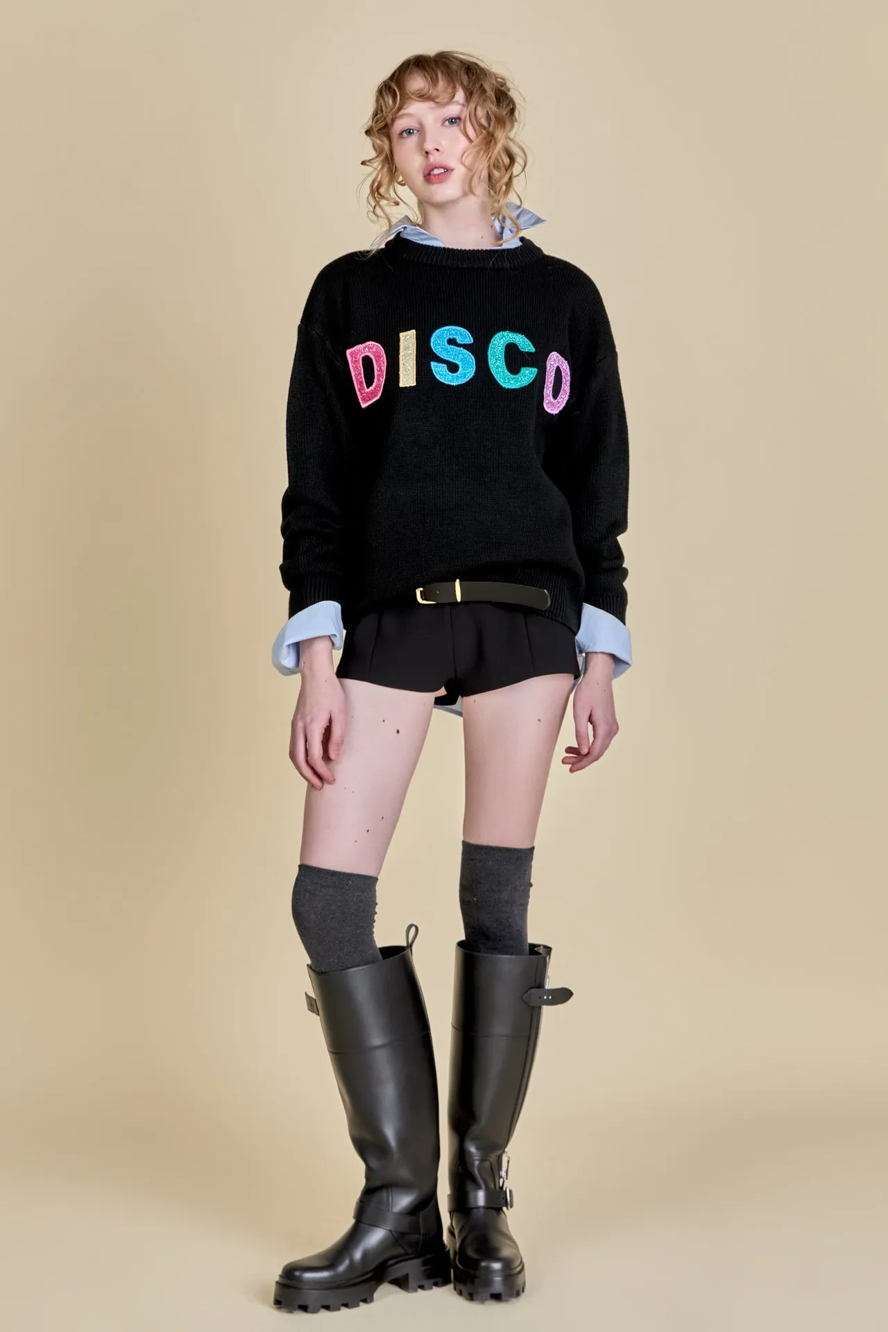 Disco Glitter Lettering Sweater