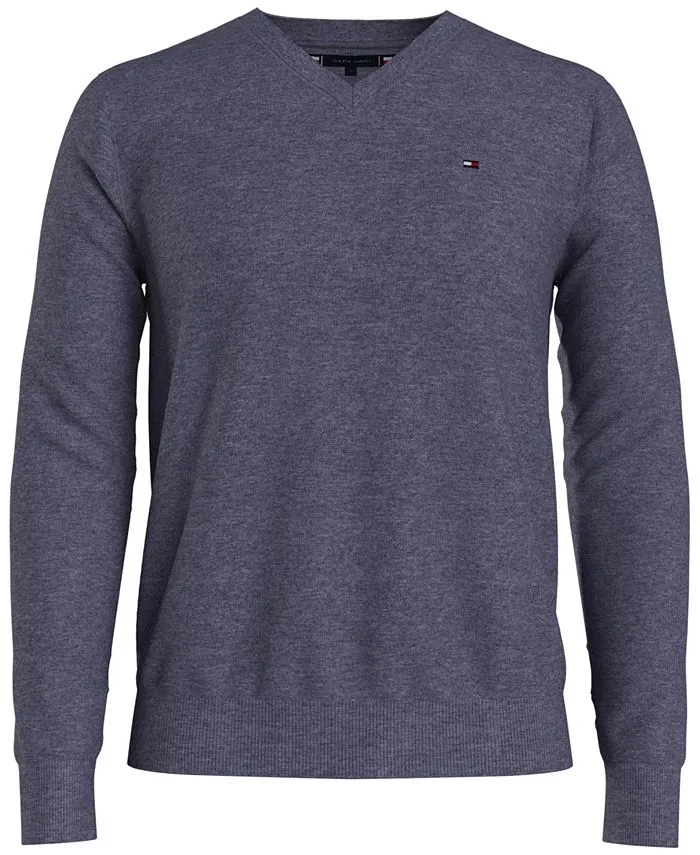 Essential Tommy Hilfiger Men's Solid V-Neck Sweater, Blue