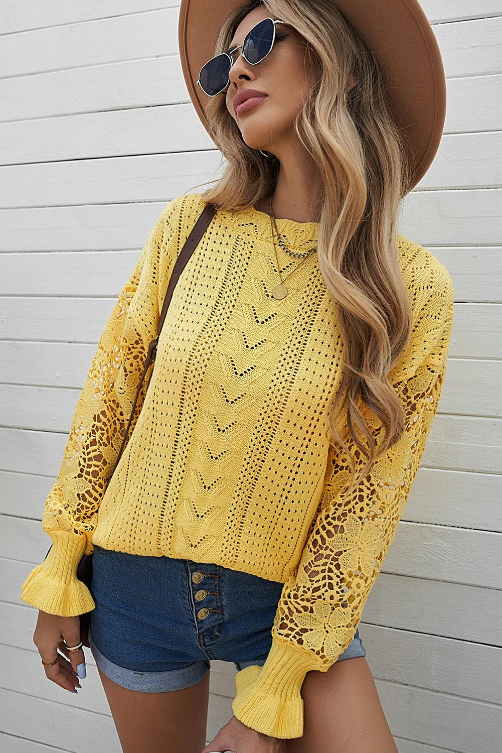 Fashion Sweater Women's Casual Openwork Lantern Sleeve Dropped Shoulder Sweater