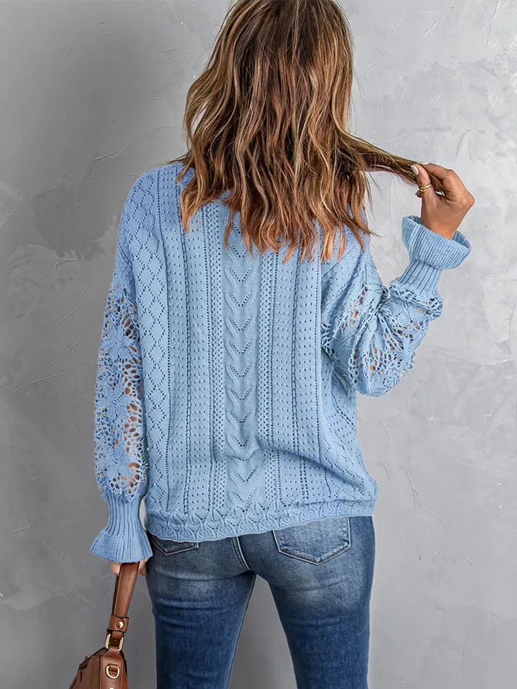 Fashion Sweater Women's Casual Openwork Lantern Sleeve Dropped Shoulder Sweater