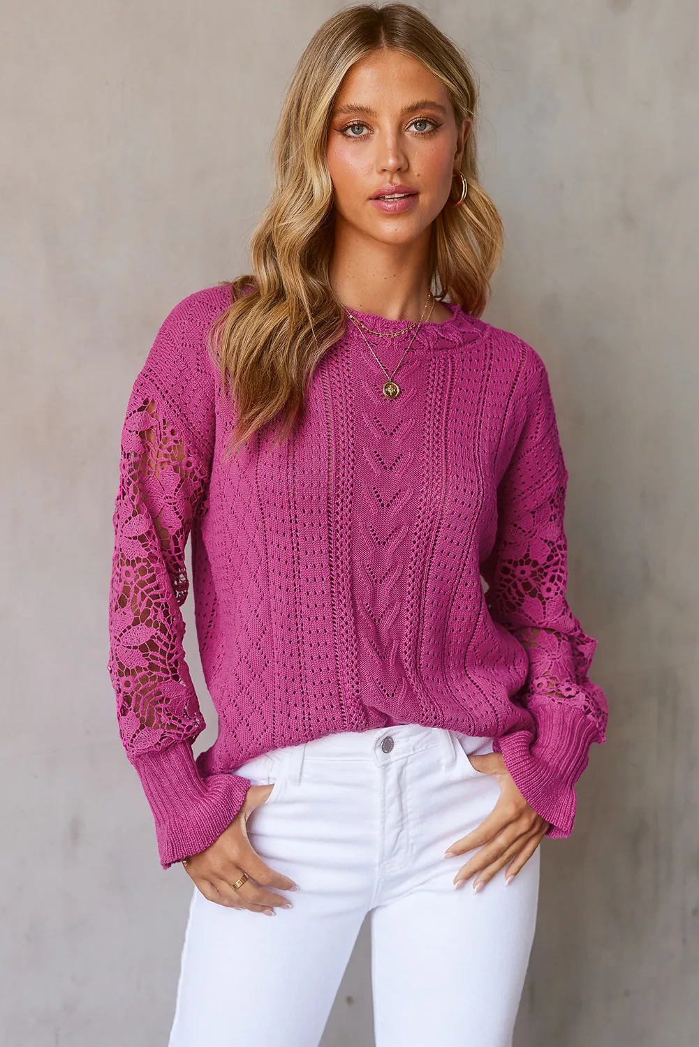 Fashion Sweater Women's Casual Openwork Lantern Sleeve Dropped Shoulder Sweater