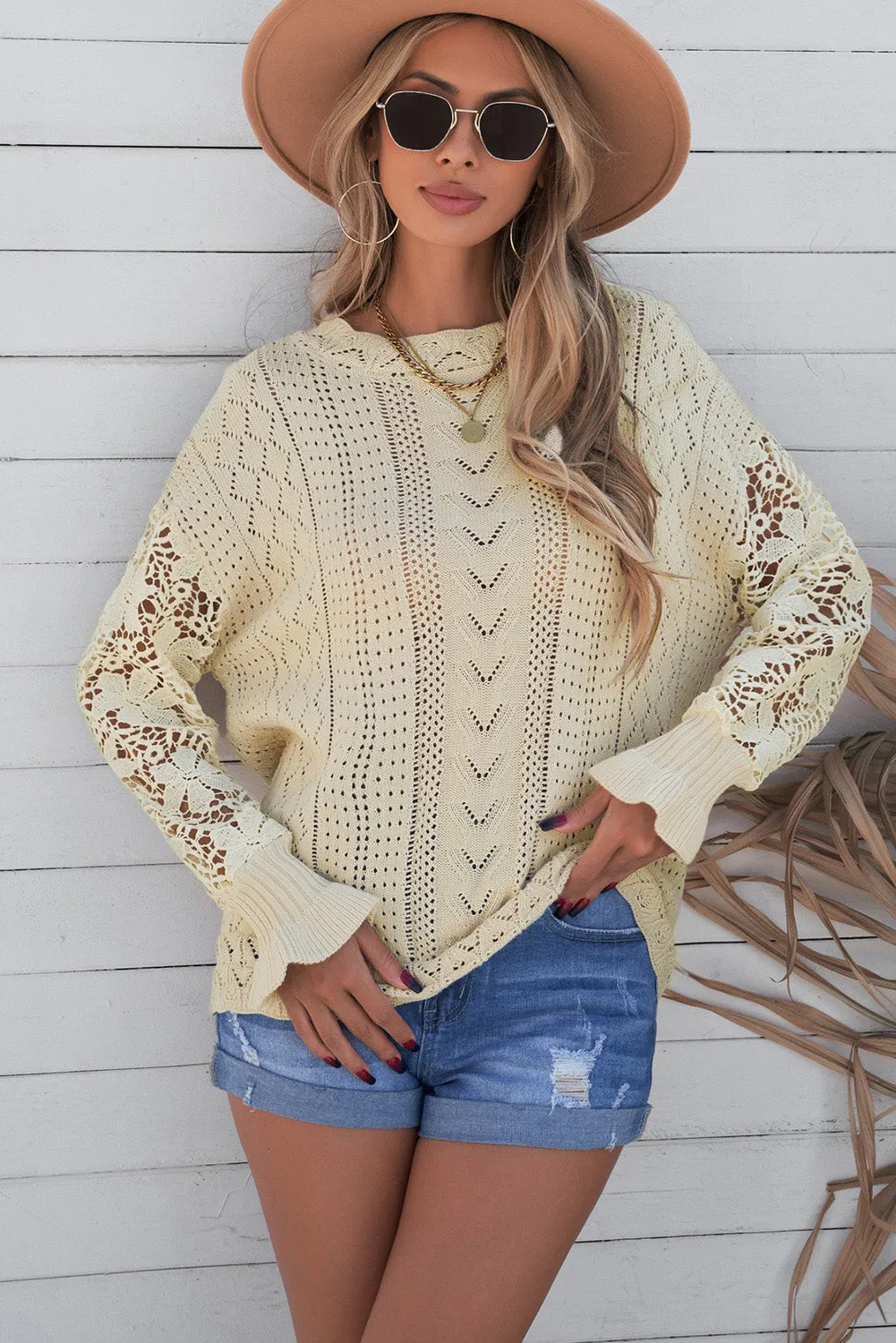 Fashion Sweater Women's Casual Openwork Lantern Sleeve Dropped Shoulder Sweater