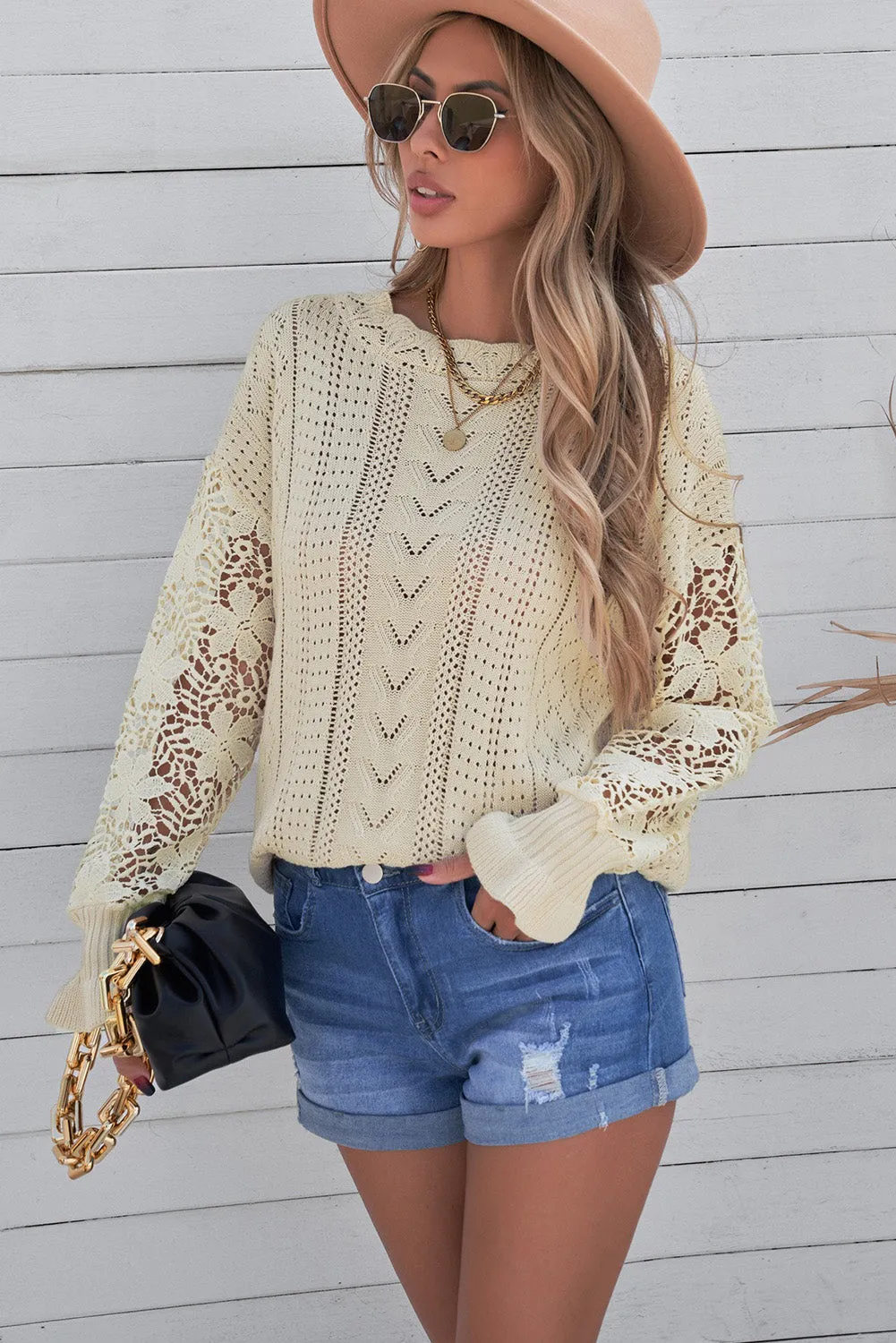 Fashion Sweater Women's Casual Openwork Lantern Sleeve Dropped Shoulder Sweater