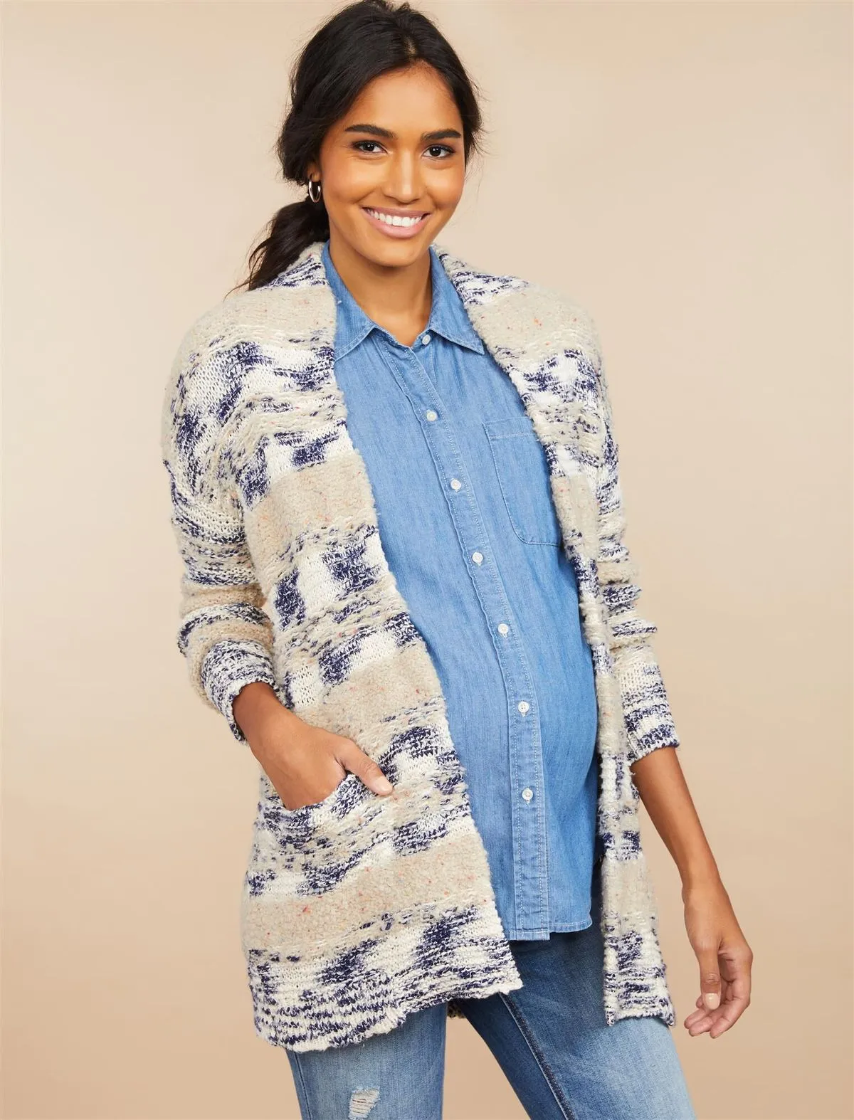 Front Pocket Chunky Maternity Cardigan in Ivory/Blue Stripe