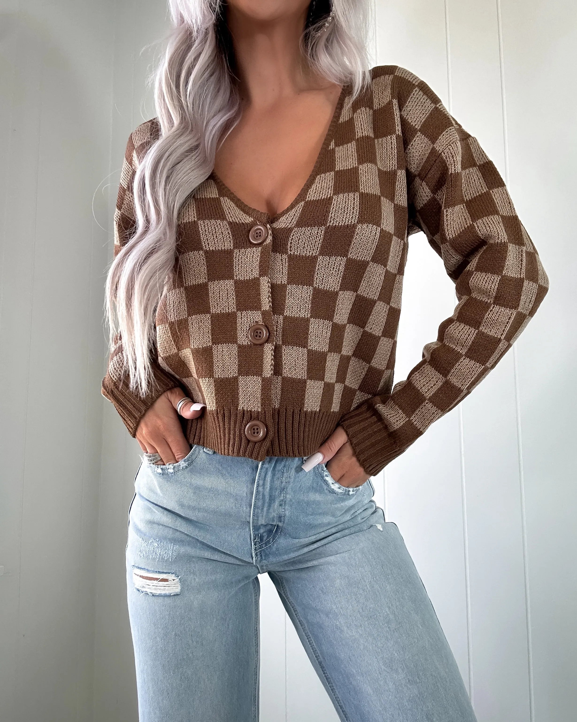 Full Of Class Checkered Button Cardigan - Taupe/Brown