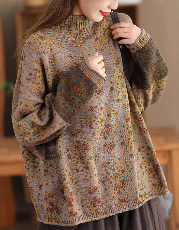 High Neck Comfortable Floral Loose Sweater