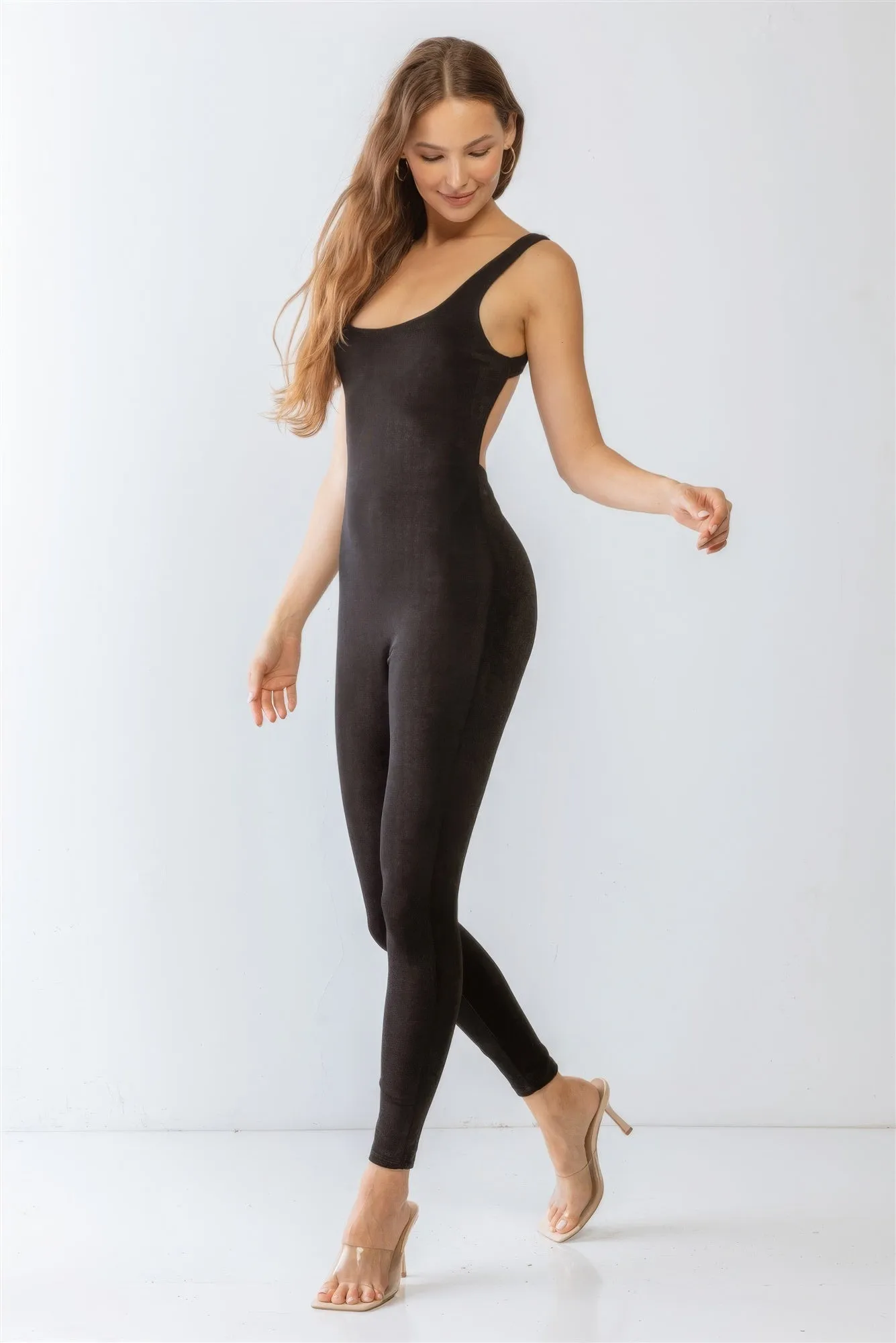 Hot Girl Cut-Out Detail Slim Fit Jumpsuit & Open Front Long Sleeve Cardigan Two Piece Set In Black