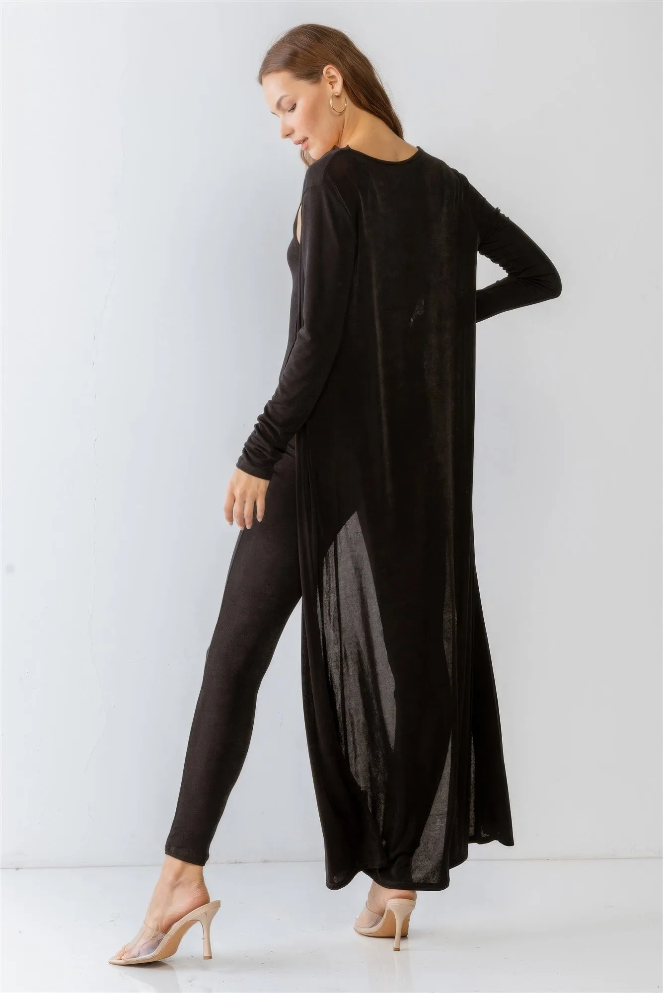 Hot Girl Cut-Out Detail Slim Fit Jumpsuit & Open Front Long Sleeve Cardigan Two Piece Set In Black