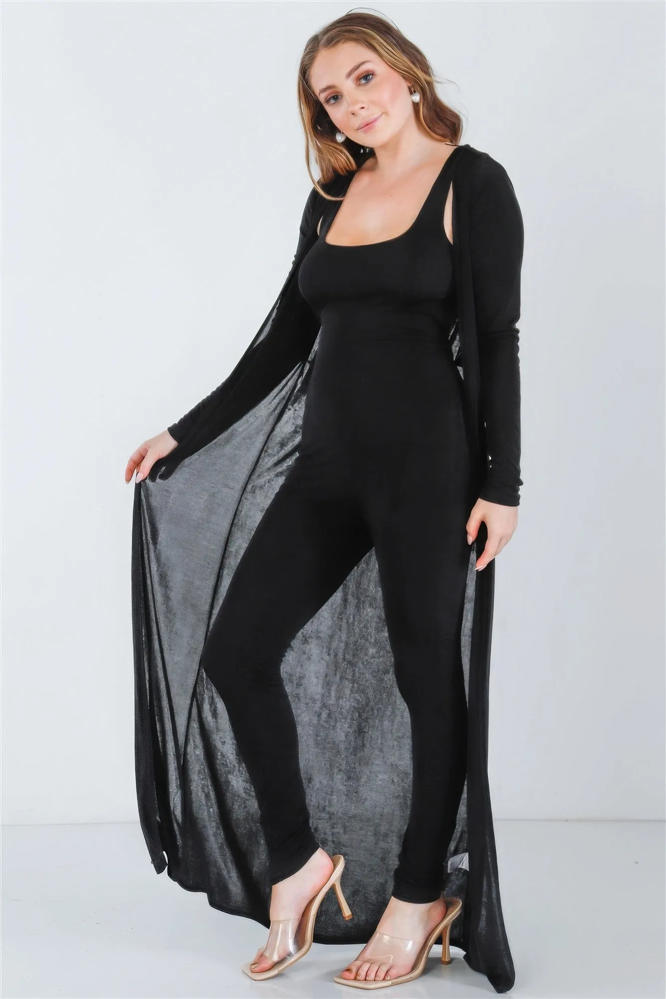 Hot Girl Cut-Out Detail Slim Fit Jumpsuit & Open Front Long Sleeve Cardigan Two Piece Set In Black