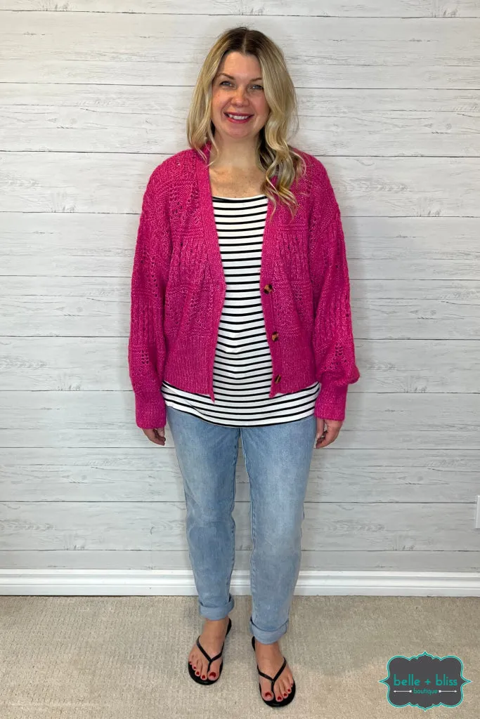 Kali Pointelle Knit Cardigan with Buttons - Fuchsia