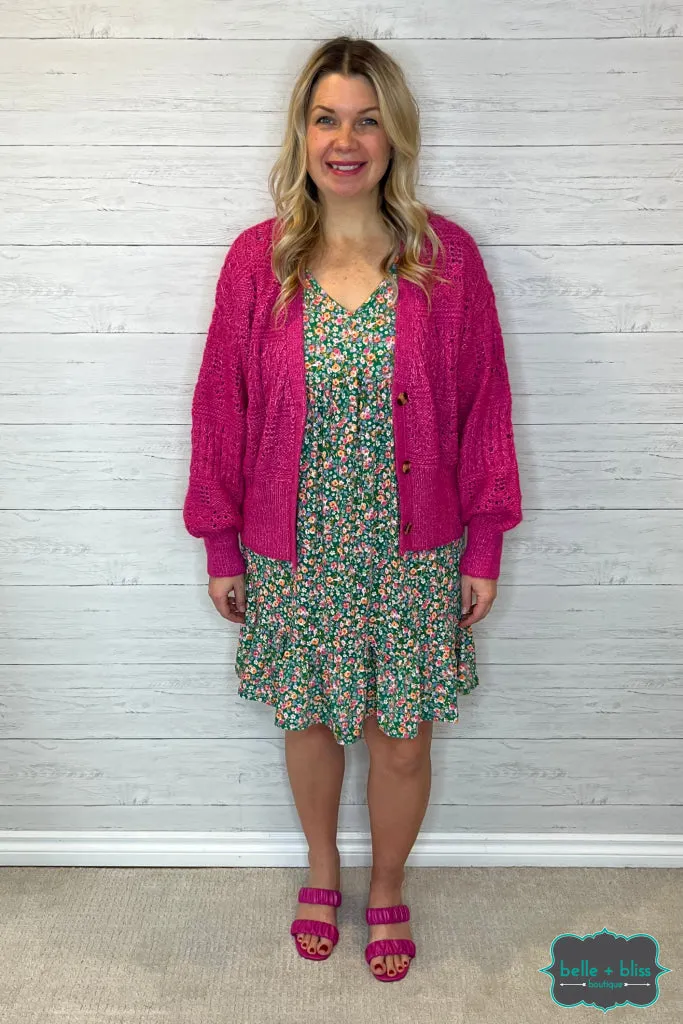 Kali Pointelle Knit Cardigan with Buttons - Fuchsia