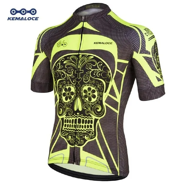 Kemaloce Yellow Bright Skeleton Cycling Jersey China Short Sleeve Men Cycling Shirts Retro Crane Cheap Bicycle Shirt Bike Jersey