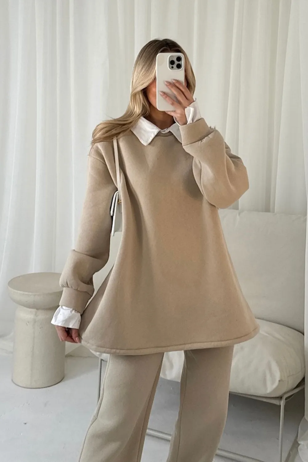 Kerris beige shirt collar sweater jogger loungewear