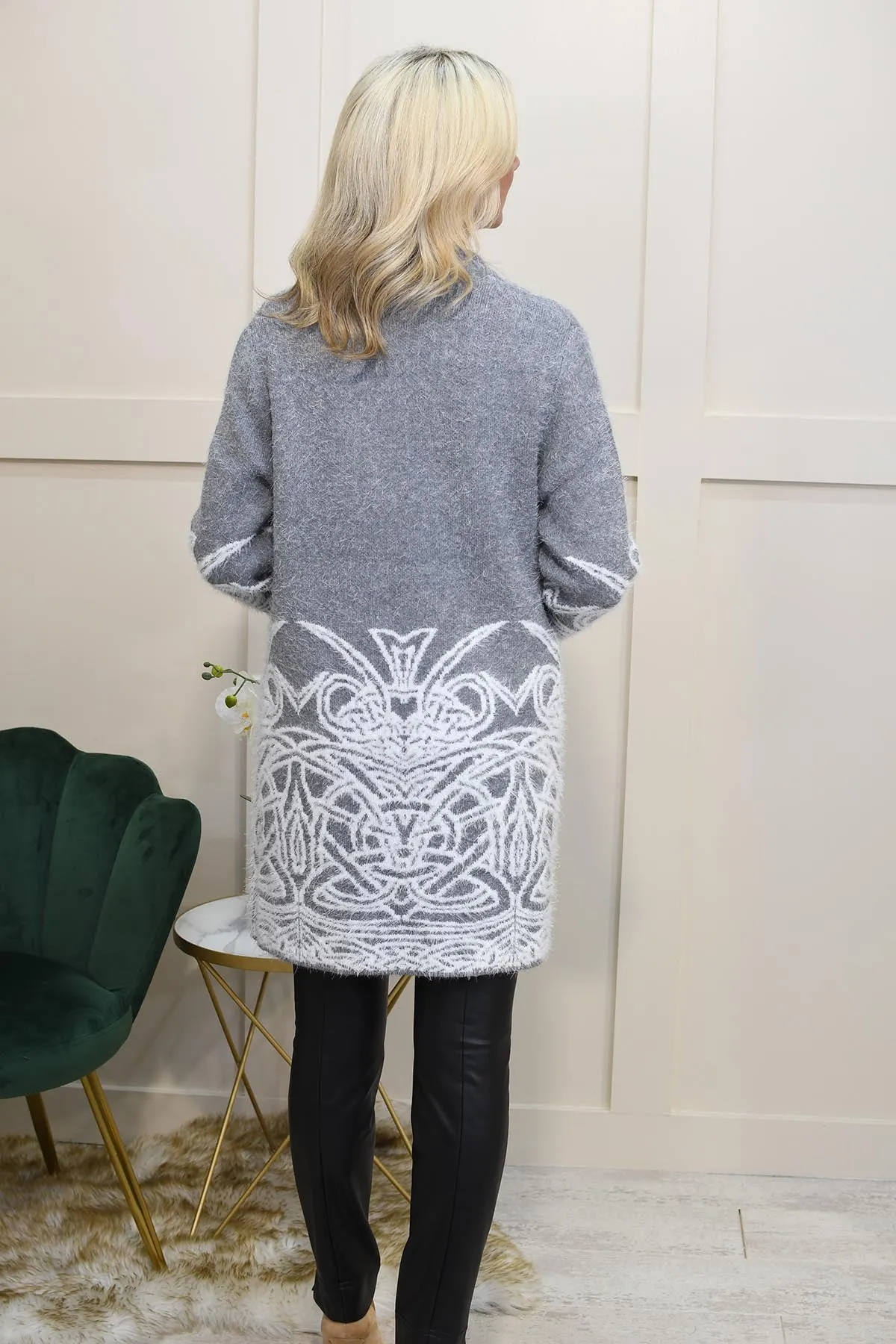 Libra Grey & White Fuzzy Print Cardigan With Pockets-LK1864