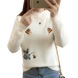 Little Bee Embroidery Loose Warm Sweater