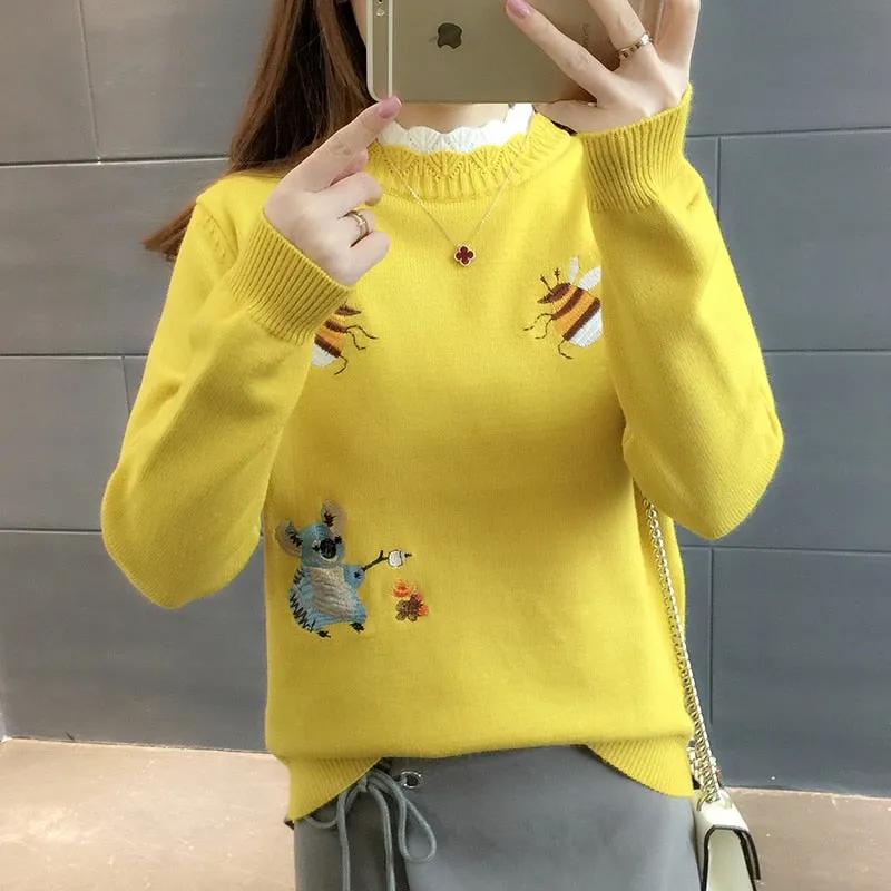 Little Bee Embroidery Loose Warm Sweater