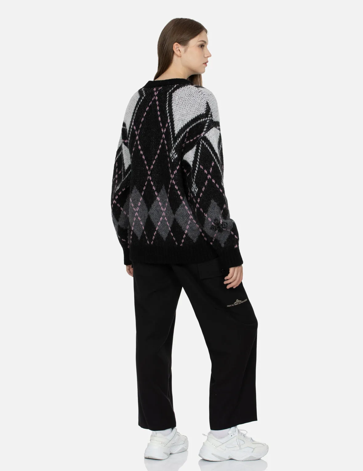 Logo and Seagull Embroidery Relaxed Fit Argyle Cardigan