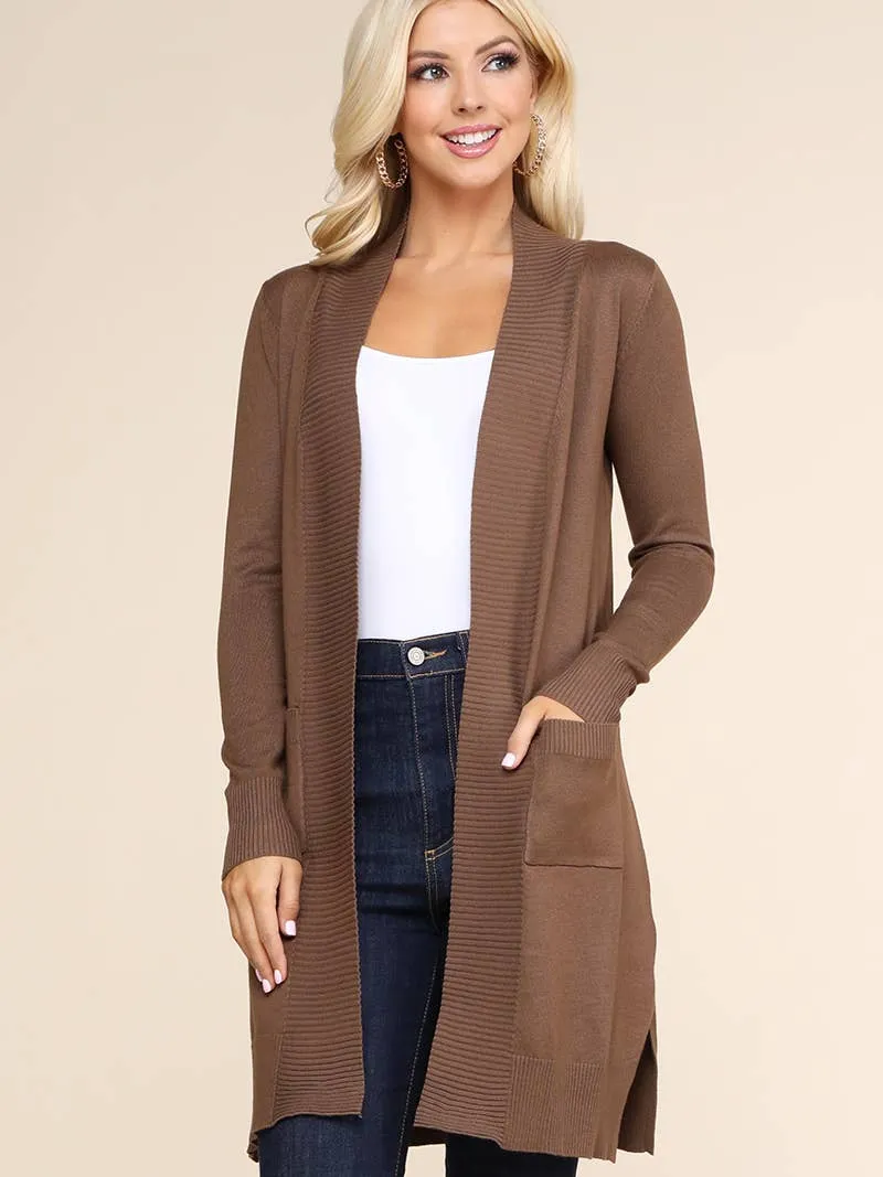 Long Sleeve Open Front Cardigan with Side Pockets